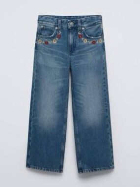 Zara Girls Floral Embroidered Wide Leg Jeans Blue Size 9 Cute Denim Flowers